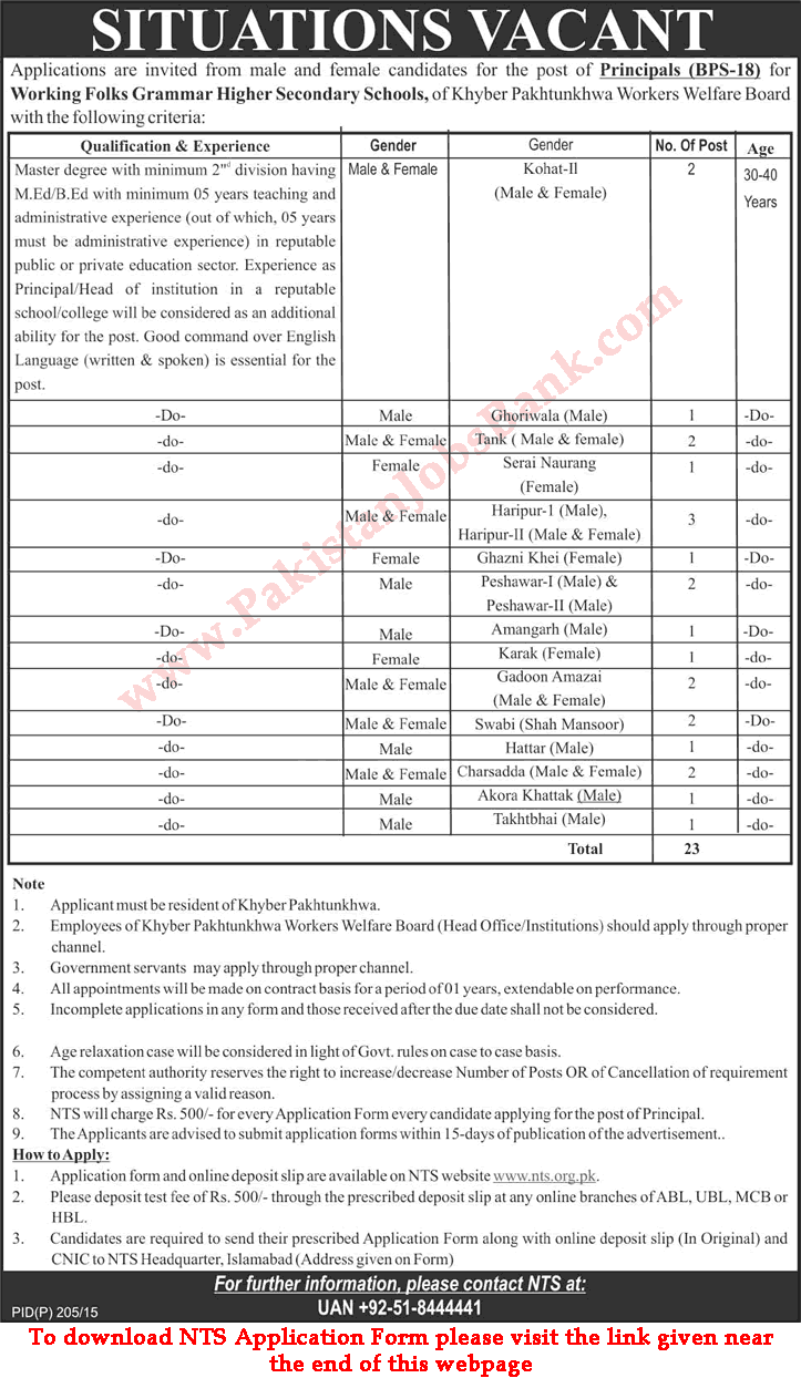 Principal Jobs in KPK Working Folks Grammar School 2015 April NTS Application Form Download