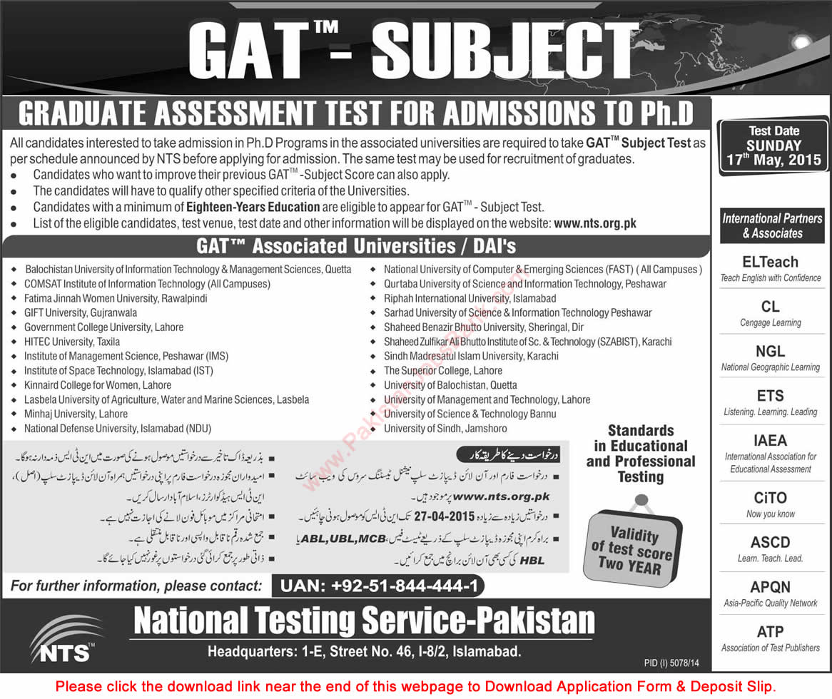 NTS GAT Subject Test Schedule 2015 April Application Form Download for Ph.D. Admissions Latest