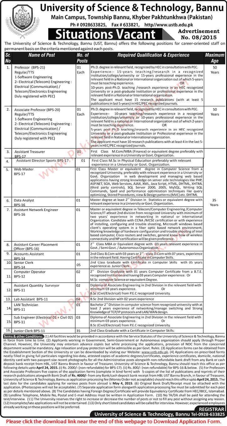 University of Science and Technology Bannu Jobs 2015 April Application Form Teaching Faculty & Admin Staff