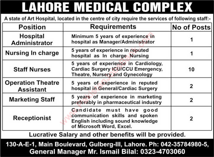 Lahore Medical Complex Jobs 2015 April Nurses, OT Assistant, Receptionist, Marketing & Other Staff