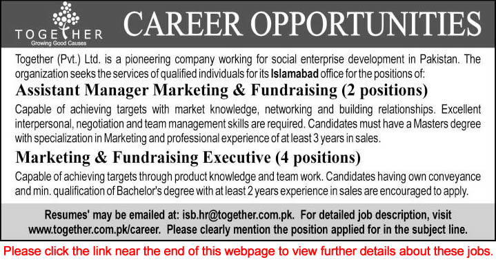 Marketing & Fundraising Manager / Executive Jobs in Islamabad 2015 April Together Pvt. Ltd