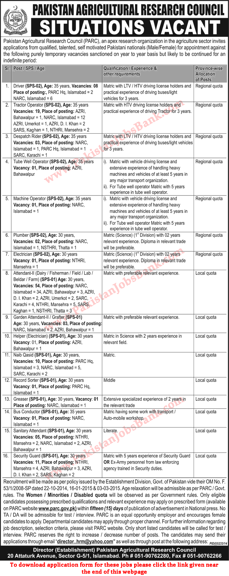 Pakistan Agriculture Research Council Jobs 2015 April Application Form Drivers, Naib Qasid, Attendants & Others