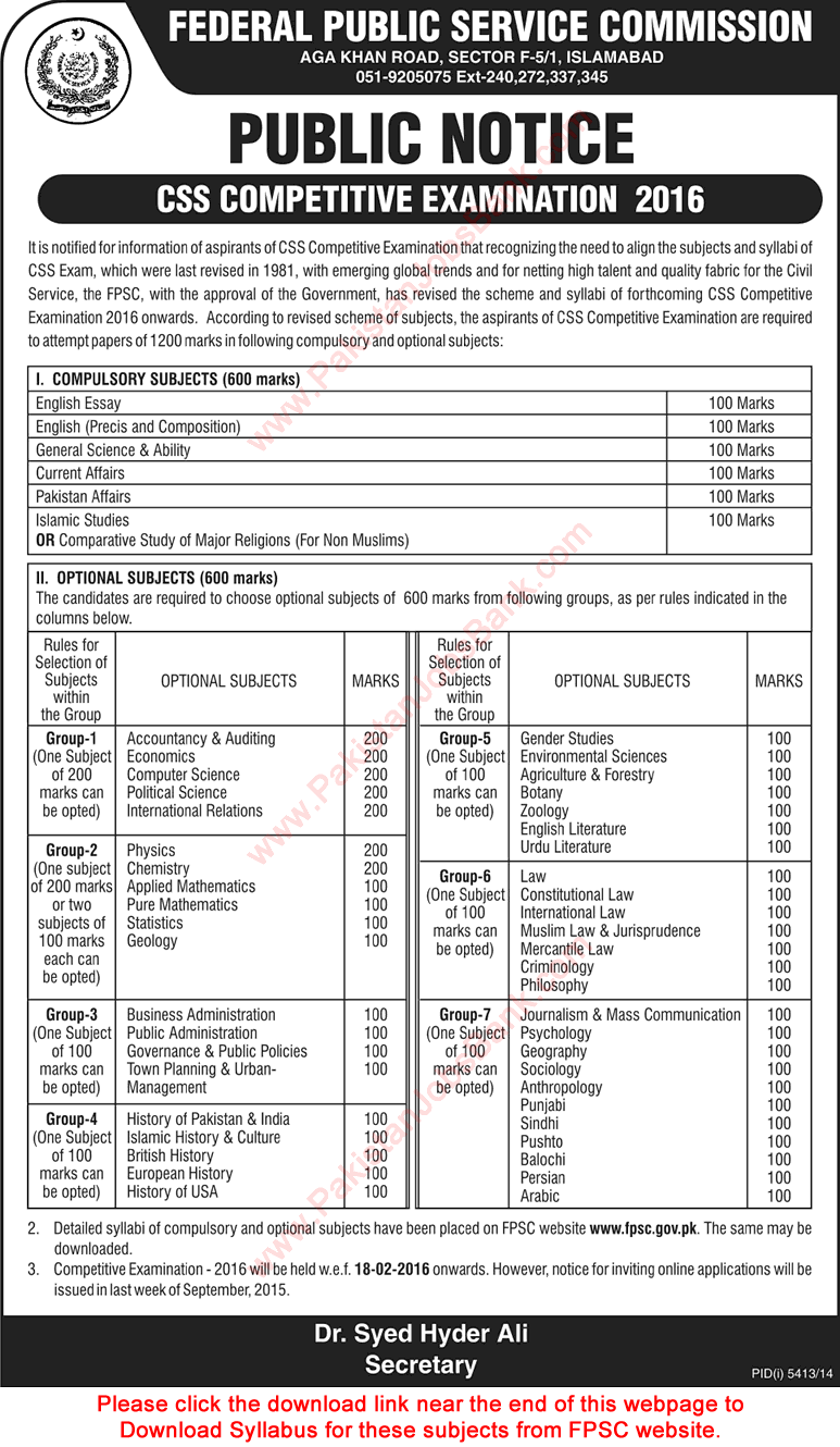 CSS Examination 2016 FPSC Competitive Exam Scheme & Syllabus / Subjects Federal Public Service Commission