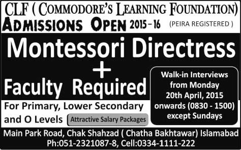 Montessori Directress & Teaching Jobs in Islamabad April 2015 at Commodore's Learning Foundation