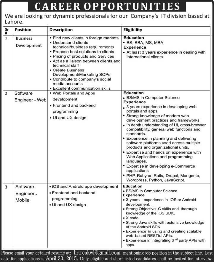 Software Engineers & Business Developer Jobs in Lahore 2015 April Latest