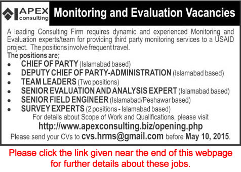 APEX Consulting Pakistan Jobs 2015 April for Monitoring and Evaluation Staff
