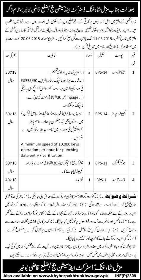 District and Session Court Buner KPK Jobs 2015 April Stenotypist, Computer Operator, Junior Clerk & Naib Qasid