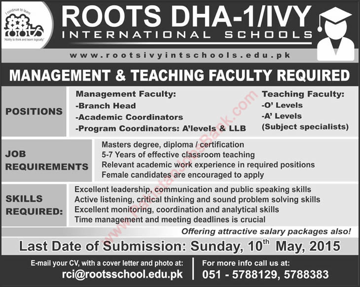 Roots Ivy International School Islamabad Jobs 2015 April / May Teaching Faculty & Management Staff