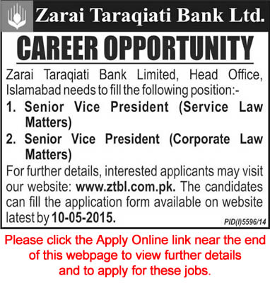 Zarai Taraqiati Bank Limited Islamabad Jobs 2015 April Apply Online Senior Vice President Service / Corporate Law