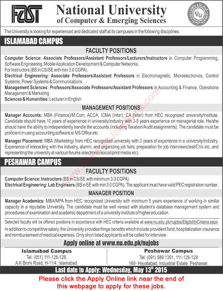 Fast National University Islamabad / Peshawar Jobs 2015 May Apply Online Teaching Faculty & Admin Staff
