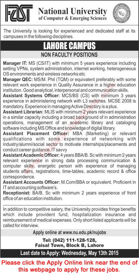 FAST National University Lahore Jobs 2015 May Non-Faculty / Admin Staff Online Apply