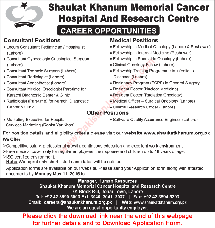 Shaukat Khanum Hospital Jobs 2015 May Application Form for Consultants, Medical & Other Positions