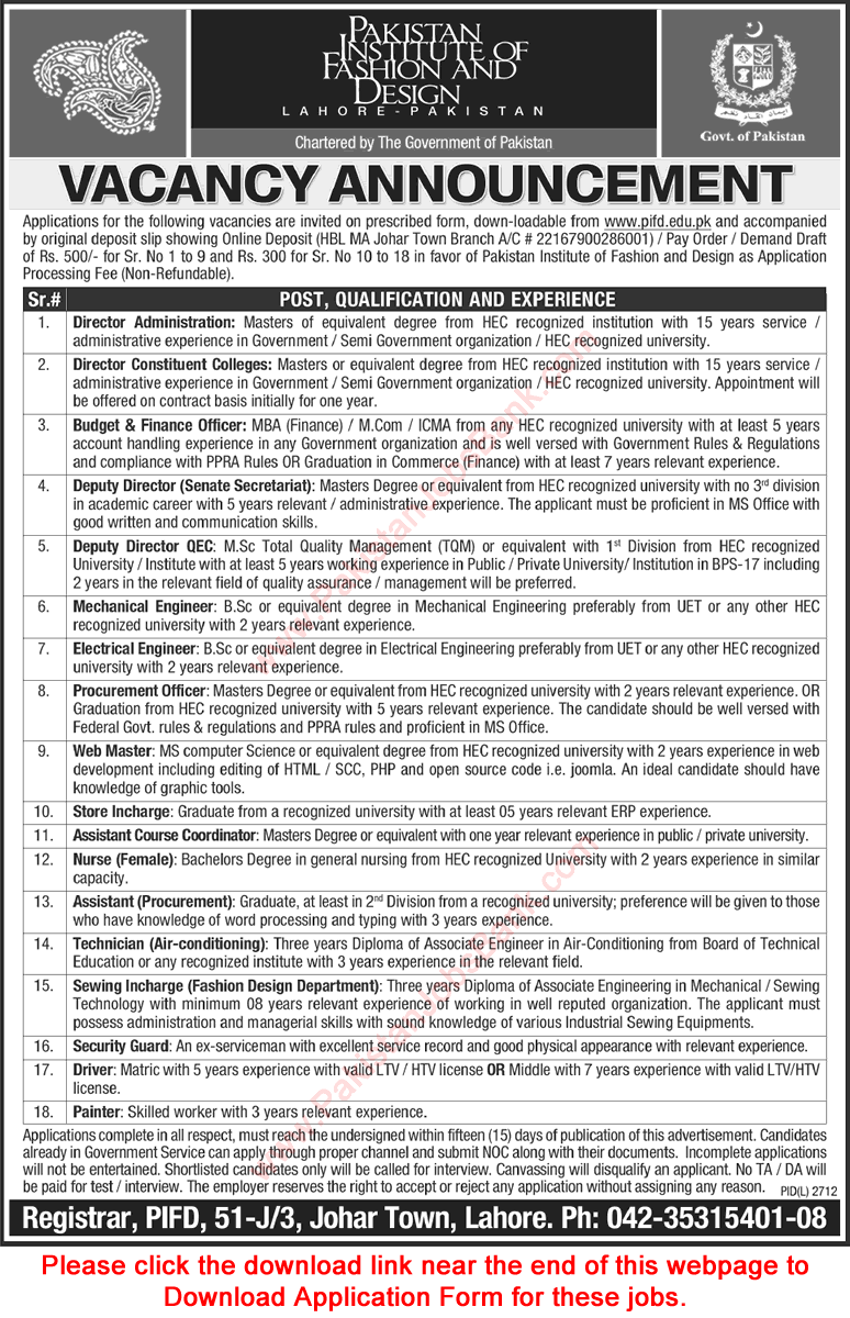 Pakistan Institute of Fashion and Design Lahore Jobs 2015 May PIFD Application Form Download