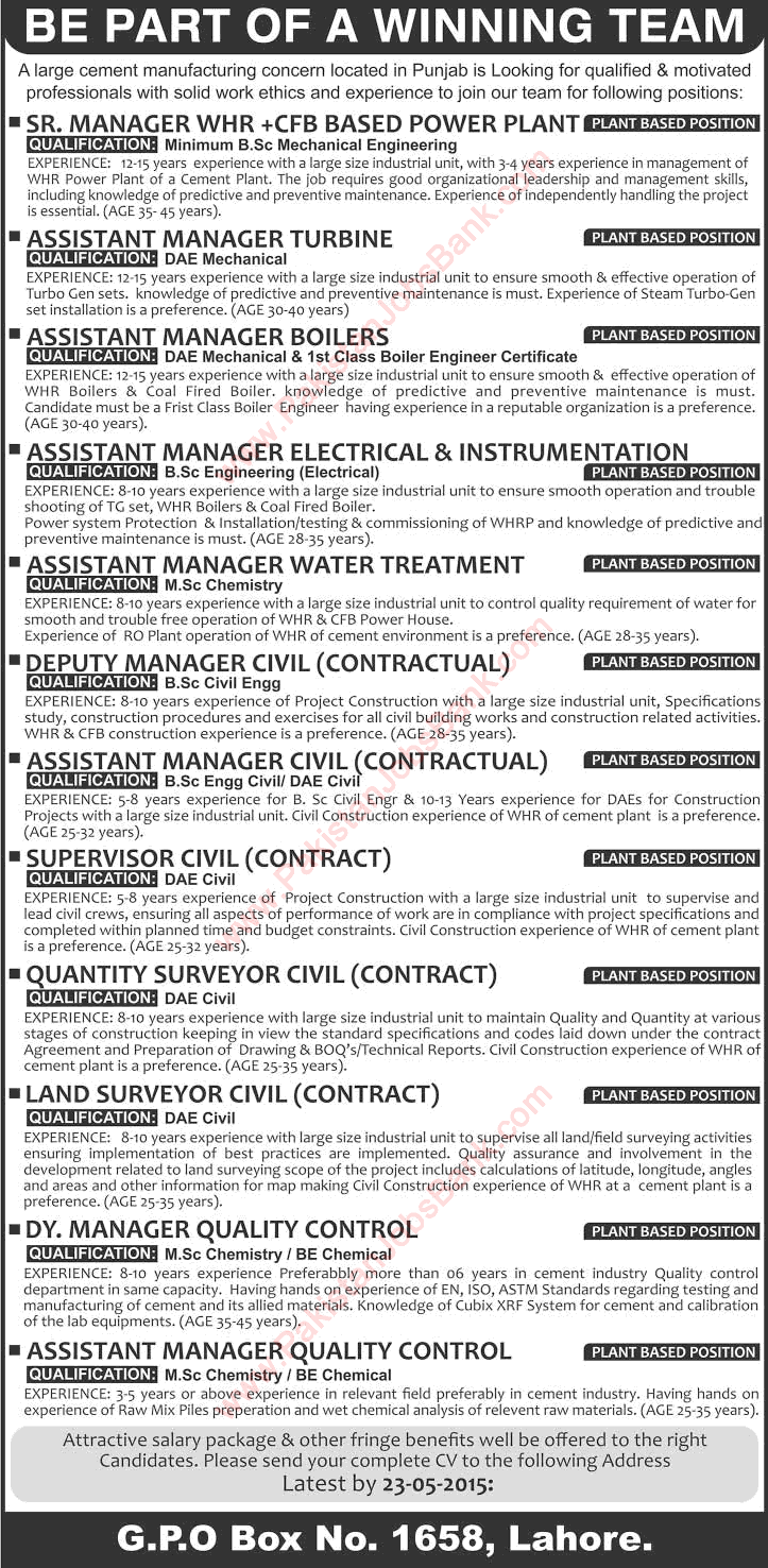 Cement Plant Jobs in Pakistan 2015 May Latest at PO Box 1658 Lahore Engineers & Managers