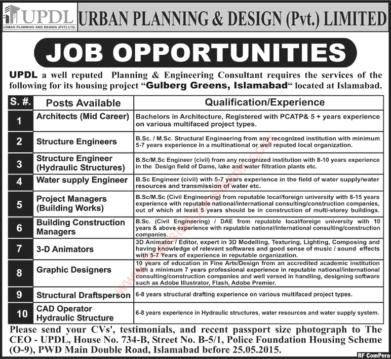 Urban Planning and Design Pvt Limited Islamabad Jobs 2015 May Civil Engineers, Architects & Others