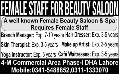 Beauty Parlor Jobs in Lahore 2015 May Beauticians, Branch Manager, Skin Therapist & Others