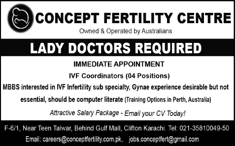 Lady Doctor Jobs in Karachi 2015 May as IVF Coordinators in Concept Infertility Centre