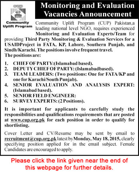 Community Uplift Program Pakistan Jobs 2015 May Apply Online Monitoring & Evaluation Experts