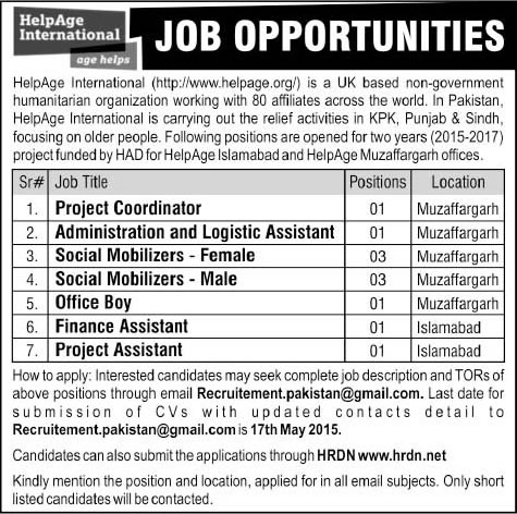 Helpage International Pakistan Jobs 2015 May Social Mobilizers, Logistics / Finance Assistants & Others