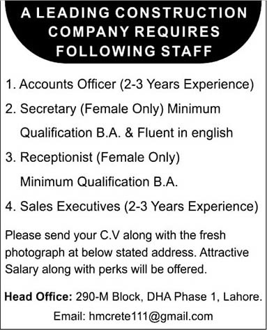 Accounts Officer, Secretary, Receptionist & Sales Executive Jobs in Lahore 2015 May in Construction Company