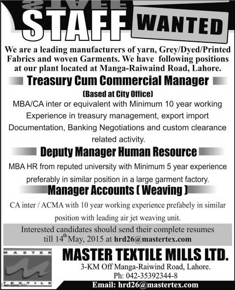Master Textile Mills Ltd Lahore Jobs 2015 May Accounts, Commercial & HR Managers Latest