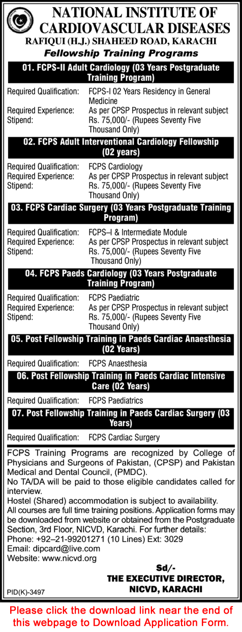 National Institute of Cardiovascular Diseases Karachi Jobs 2015 May Fellowship Training Program NICVD