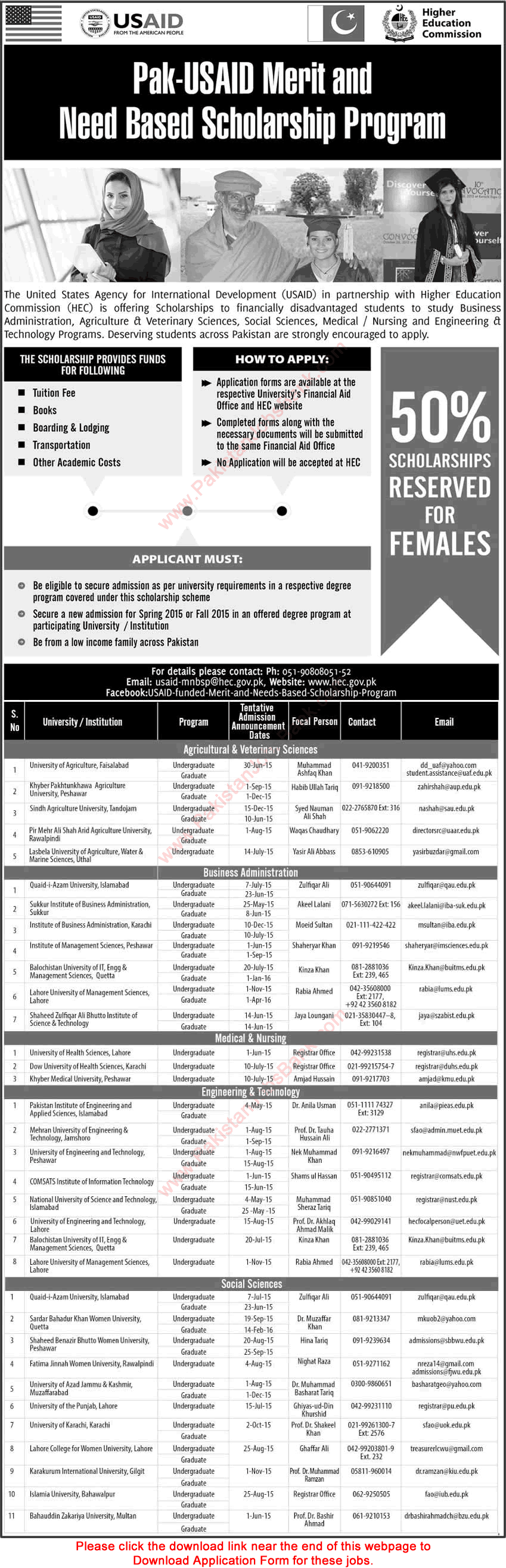 Pak-USAID Scholarships 2015 Application Form HEC Merit & Need Based Scholarship Program Latest