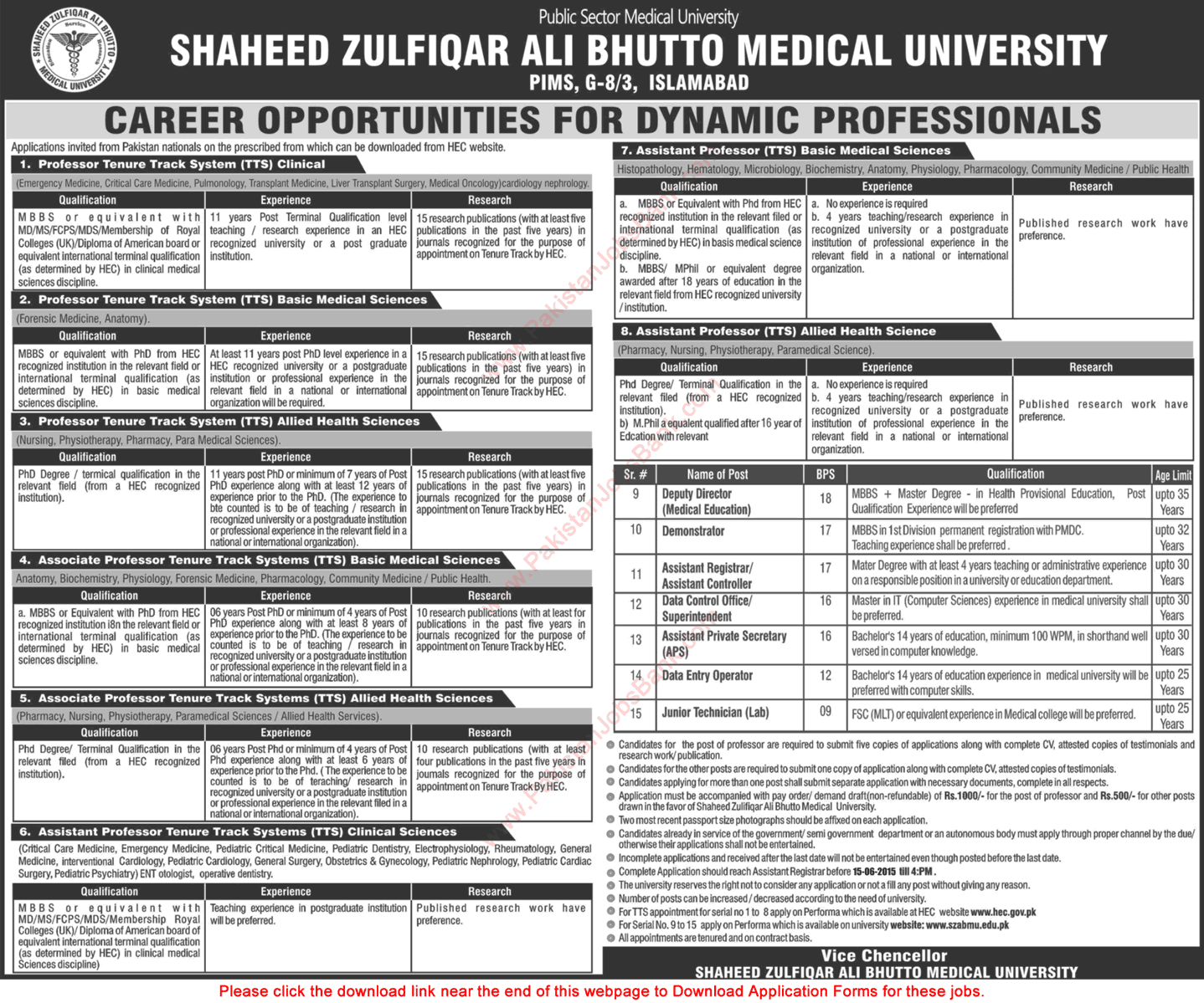 PIMS Medical College Islamabad Jobs 2015 May Teaching Faculty & Admin Staff SZABMU Latest