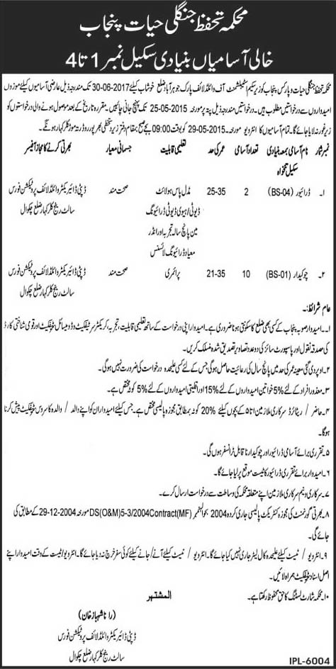 Wildlife Protection Department Punjab Jobs 2015 May for Chowkidar & Driver Latest