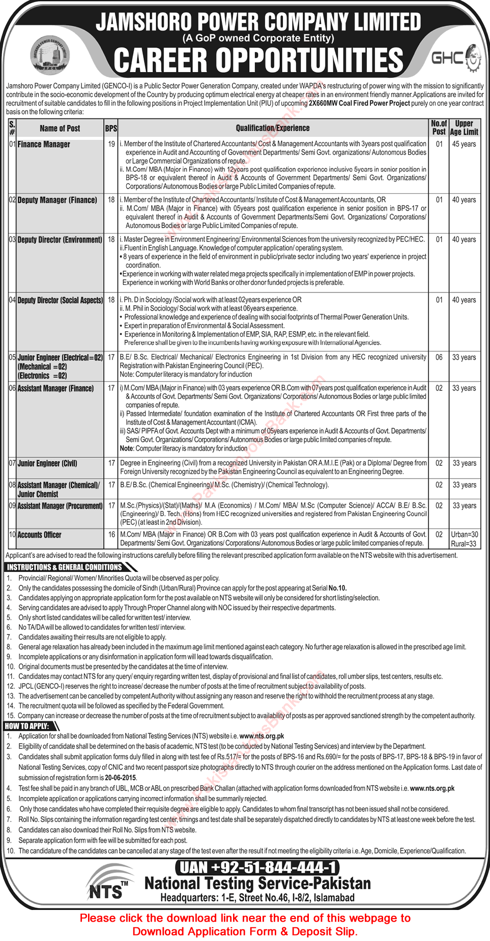 Careers in Jamshoro Power Company Limited GENCO-1 2015 May NTS Application Form Download