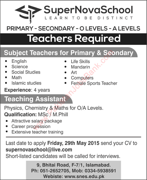 Teaching Jobs in Super Nova School Islamabad 2015 May for Subject Teachers & Teaching Assistants