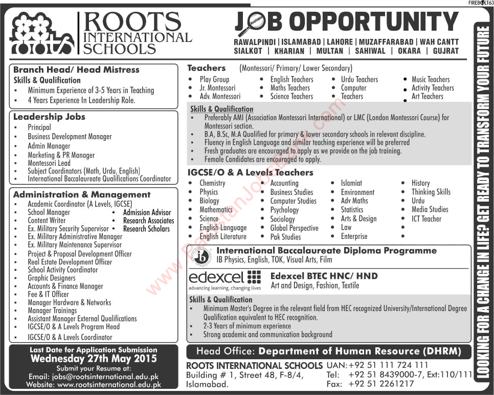 Roots International School Career Opportunities 2015 May for Teaching & Administrative Staff