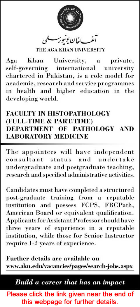 Teaching Faculty Jobs in Aga Khan University Karachi 2015 May in Histopathology Latest