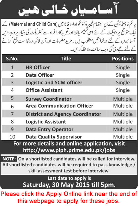 Prime Foundation KPK Careers 2015 May Apply Online for Maternal and Child Care Project Latest