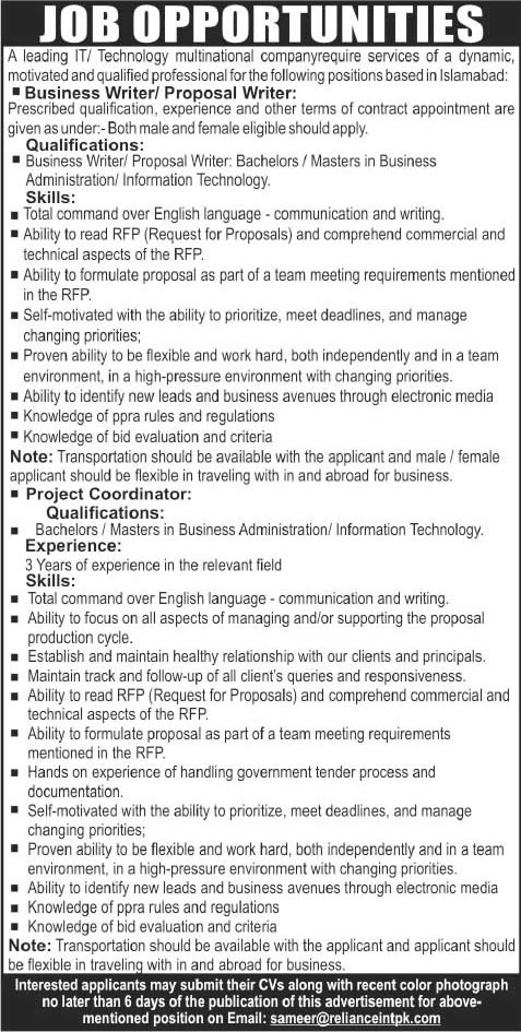 Business / Proposal Writer & Project Coordinator Jobs in Islamabad 2015 May Reliance Corporation