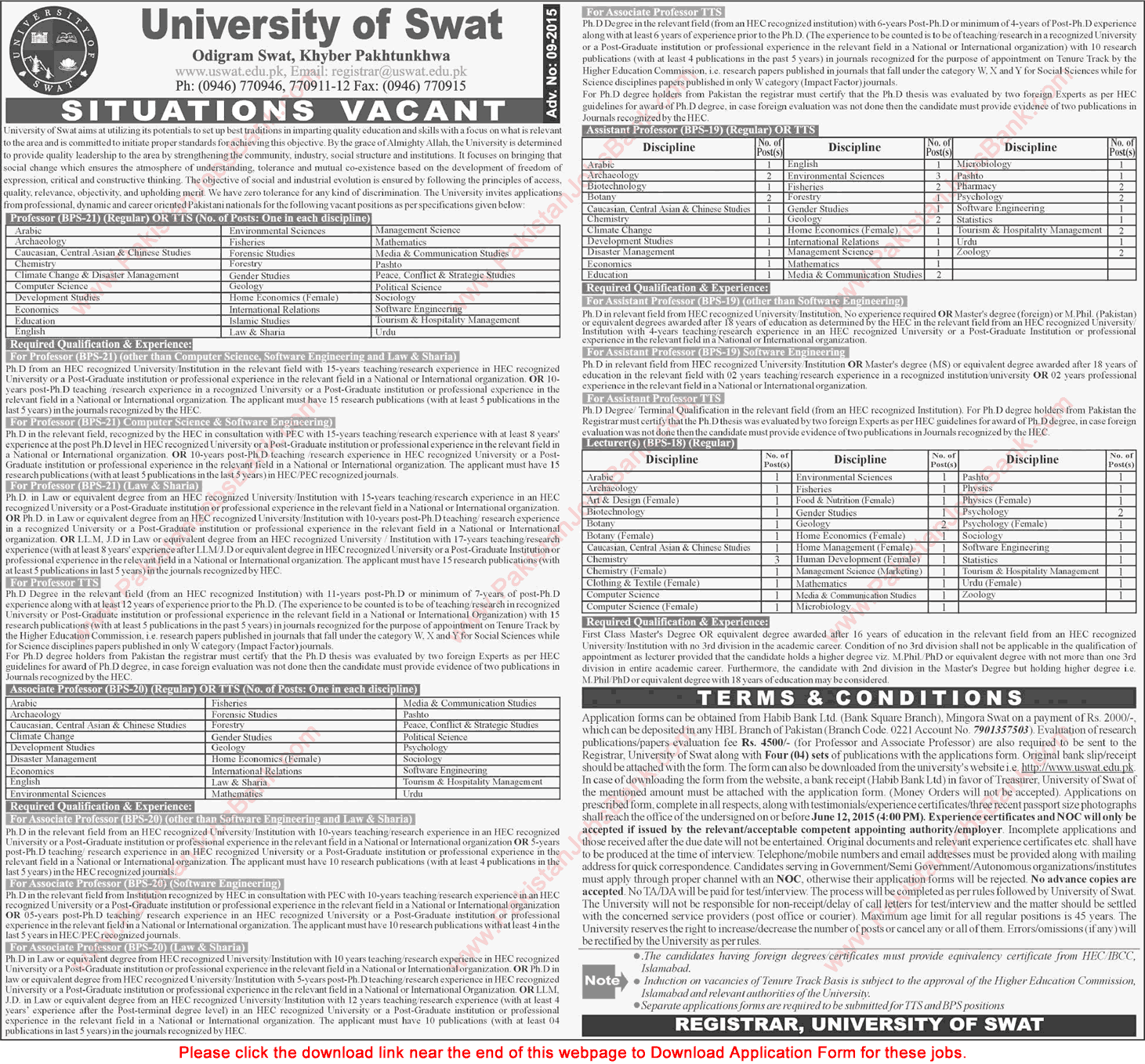 Teaching Faculty Jobs in University of Swat KPK 2015 May Application Form Download Latest