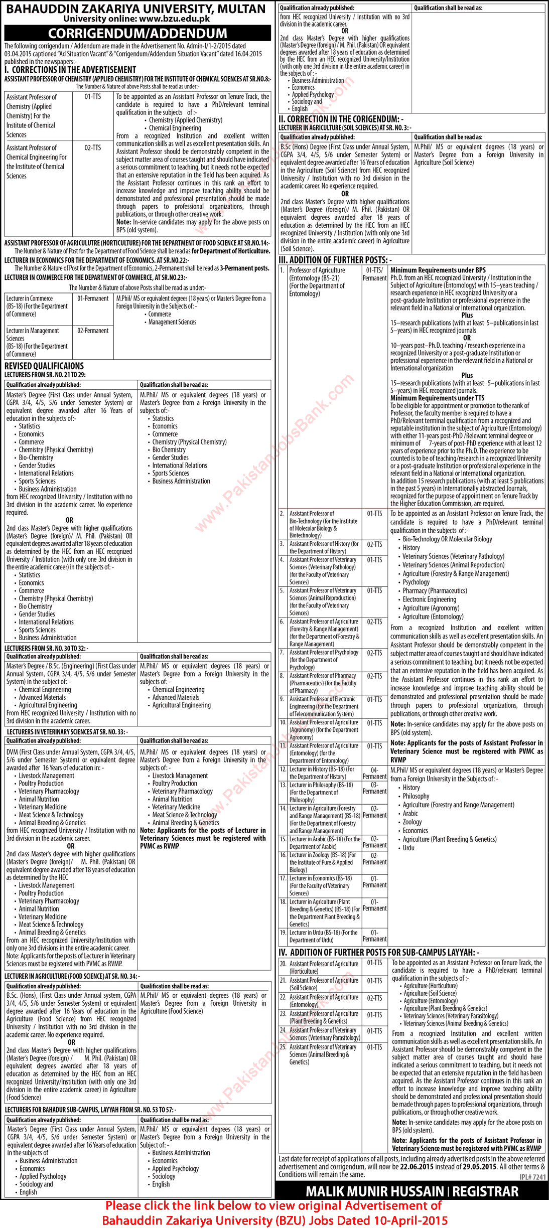 Addendum: BZU Multan Jobs 2015 April / May Teaching Faculty in Bahauddin Zakariya University