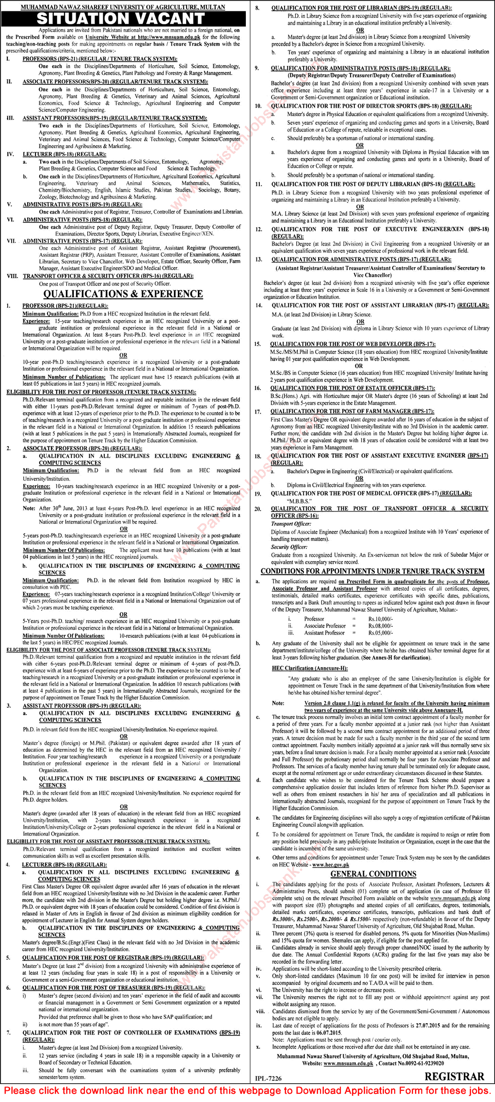 Jobs in Muhammad Nawaz Shareef University of Agriculture Multan 2015 May / June Application Form