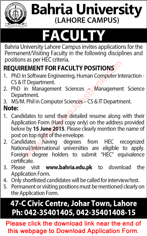 Bahria University Lahore Campus Jobs 2015 June Download Application Form for Teaching Faculty