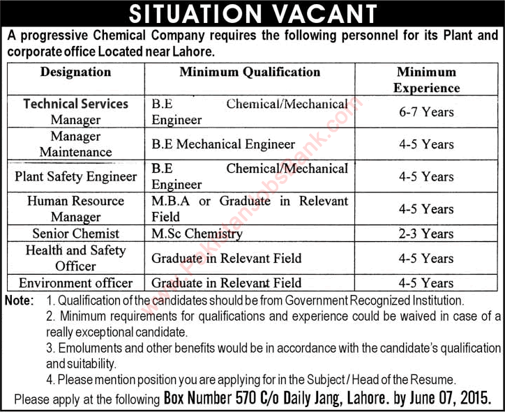 Chemical Industry Jobs in Lahore 2015 June Chemical / Mechanical Engineers, HR Manager & Others