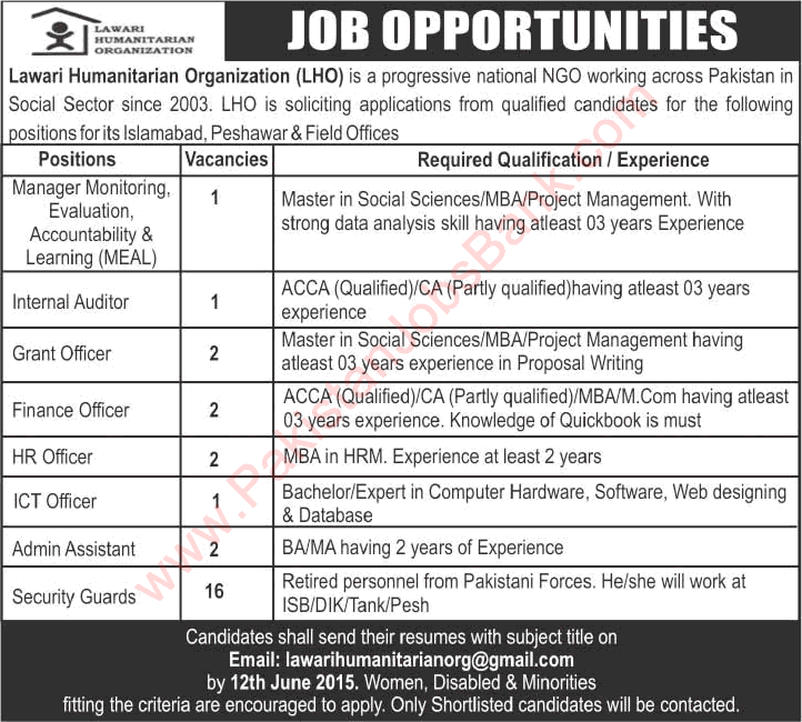 Jobs in Lawari Humanitarian Organization 2015 June NGO IT / Finance / HR Officer & Others