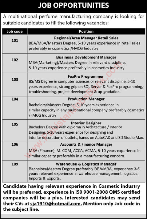 Cosmetics Industry Jobs in Pakistan 2015 June Finance Manager, Interior Designer & Others