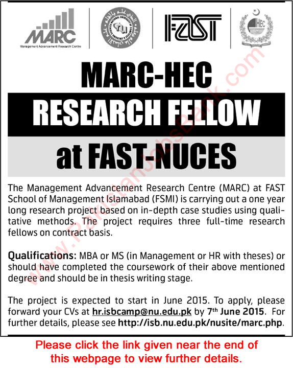 Research Fellow Jobs in Islamabad 2015 June FAST NUCES Management Advancement Research Centre MARC