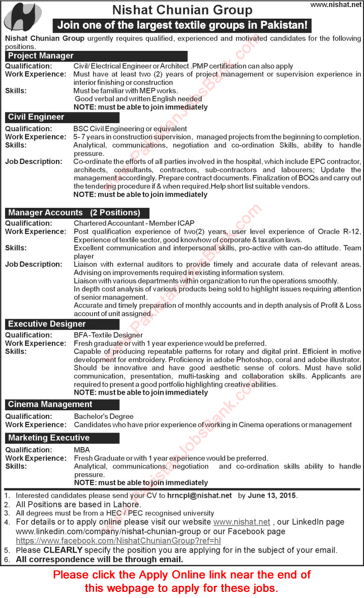 Nishat Chunian Group Lahore Jobs 2015 June Managers, Marketing Executives, Engineers & Others