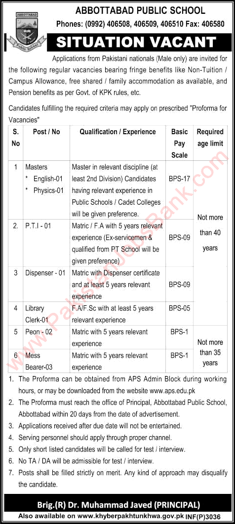 Abbottabad Public School Jobs 2015 June Teaching Faculty, Dispenser, Peon, Waiter, Library Clerk & PTI