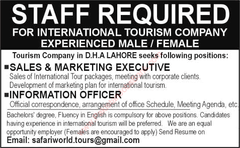 Sales / Marketing Executives & Information Officer Jobs in Lahore 2015 June at a Tourism Company