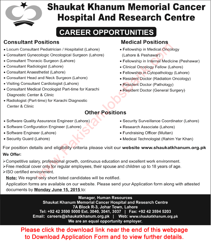 Shaukat Khanum Memorial Hospital Jobs 2015 June Application Form Medical Consultants, Doctors & Others