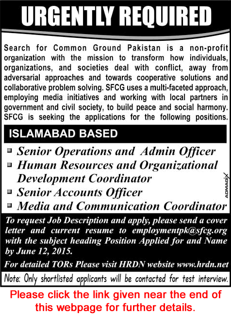 Search for Common Grounds Pakistan Jobs 2015 June HR, Operations, Admin & Communication Officers