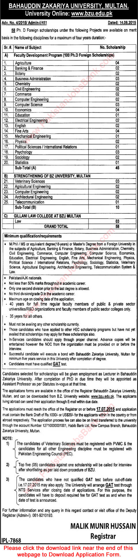 BZU Multan PhD Foreign Scholarships 2015 June Application Form Download Latest