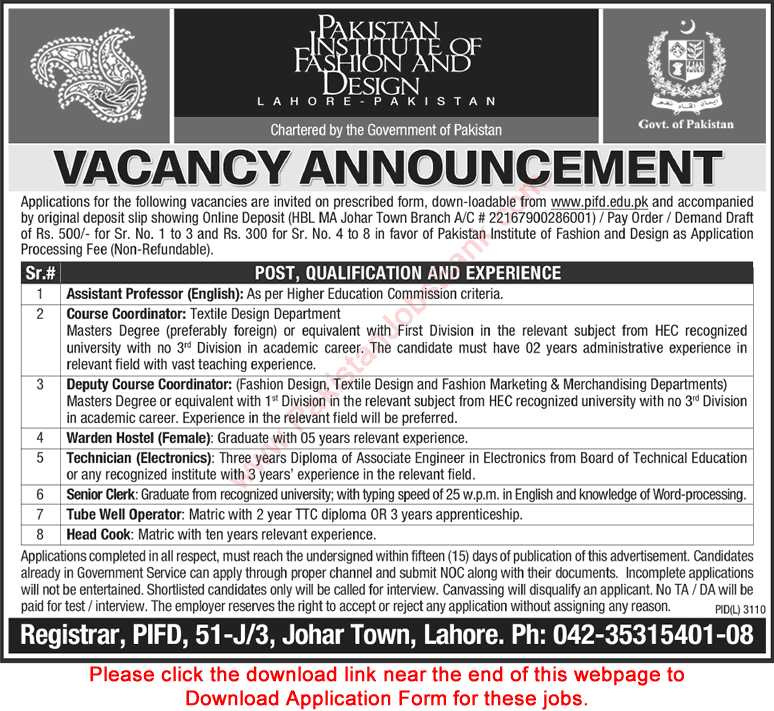 Pakistan Institute of Fashion and Design Lahore Jobs 2015 June Application Form Latest